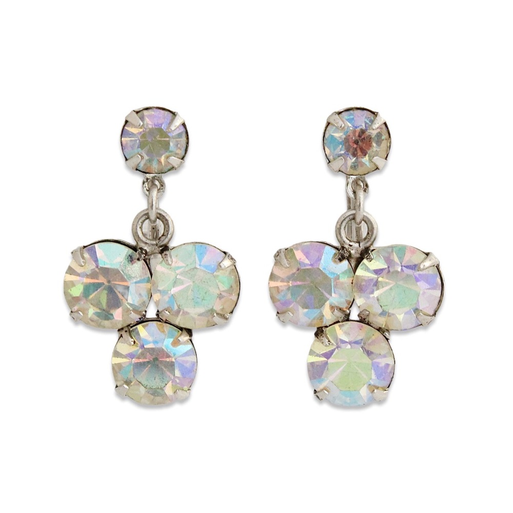 Vintage Aurora Borealis Rhinestone Sterling Silver Screw Back Dangle Earrings